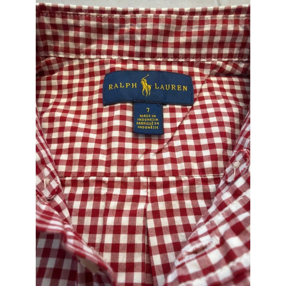 Ralph Lauren Boys Red White Gingham Cotton Button Down Shirt Size 7